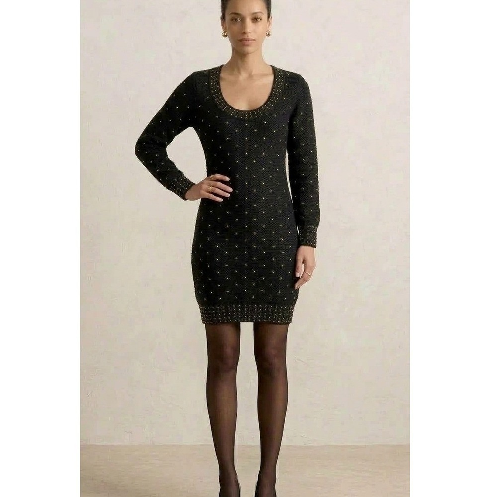 VTG NEW See by Chloe Studded Wool Sweater Dress Women 4 Black V-Neck Cutout